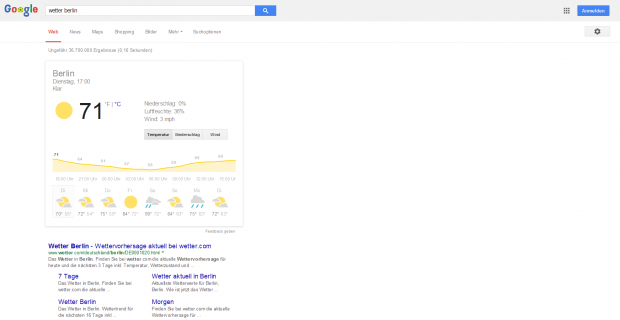 Wer nach dem Wetter googelt, erhält eine optisch ansprechende Übersicht für heute und die nächsten sieben Tage. (Screenshot: Golem.de)